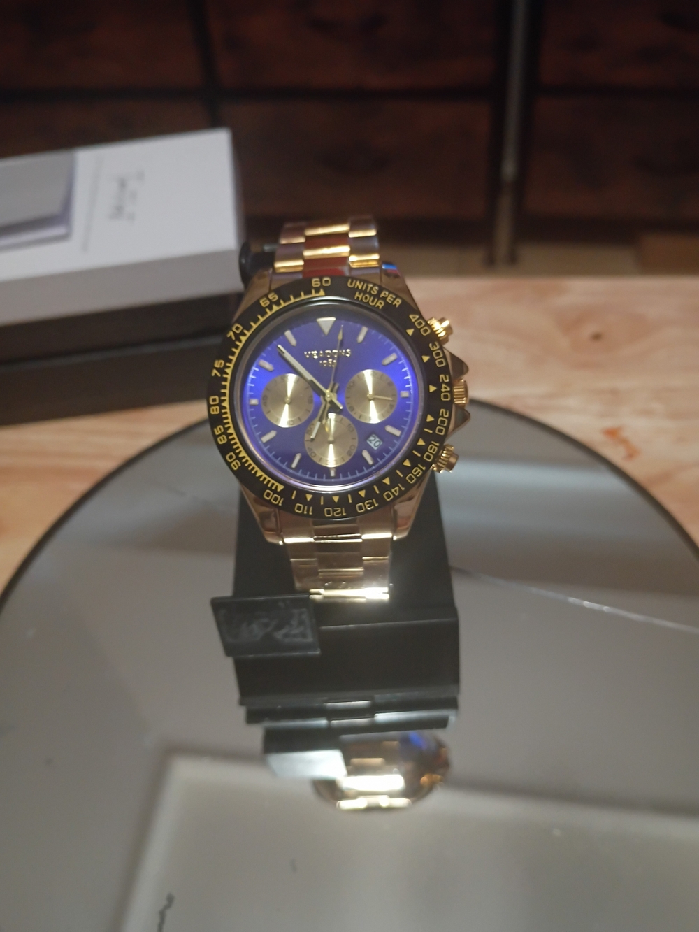 Gold Tone Chronograph Watch with Blue Dial